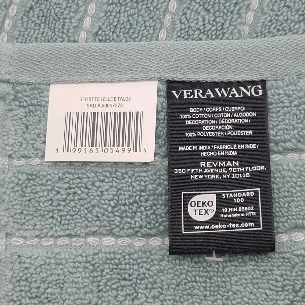 Vera Wang 8pc Zero Twist Cotton Bath‎ Towel Set Geo Stitch Aqua Blue B Twlos